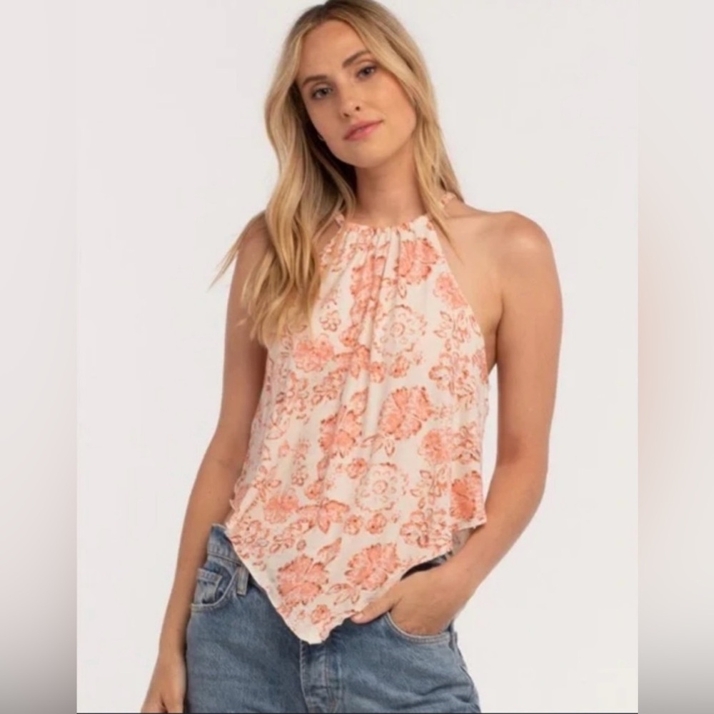 We The Free Floral Halter Tank Top in Peach and Cream